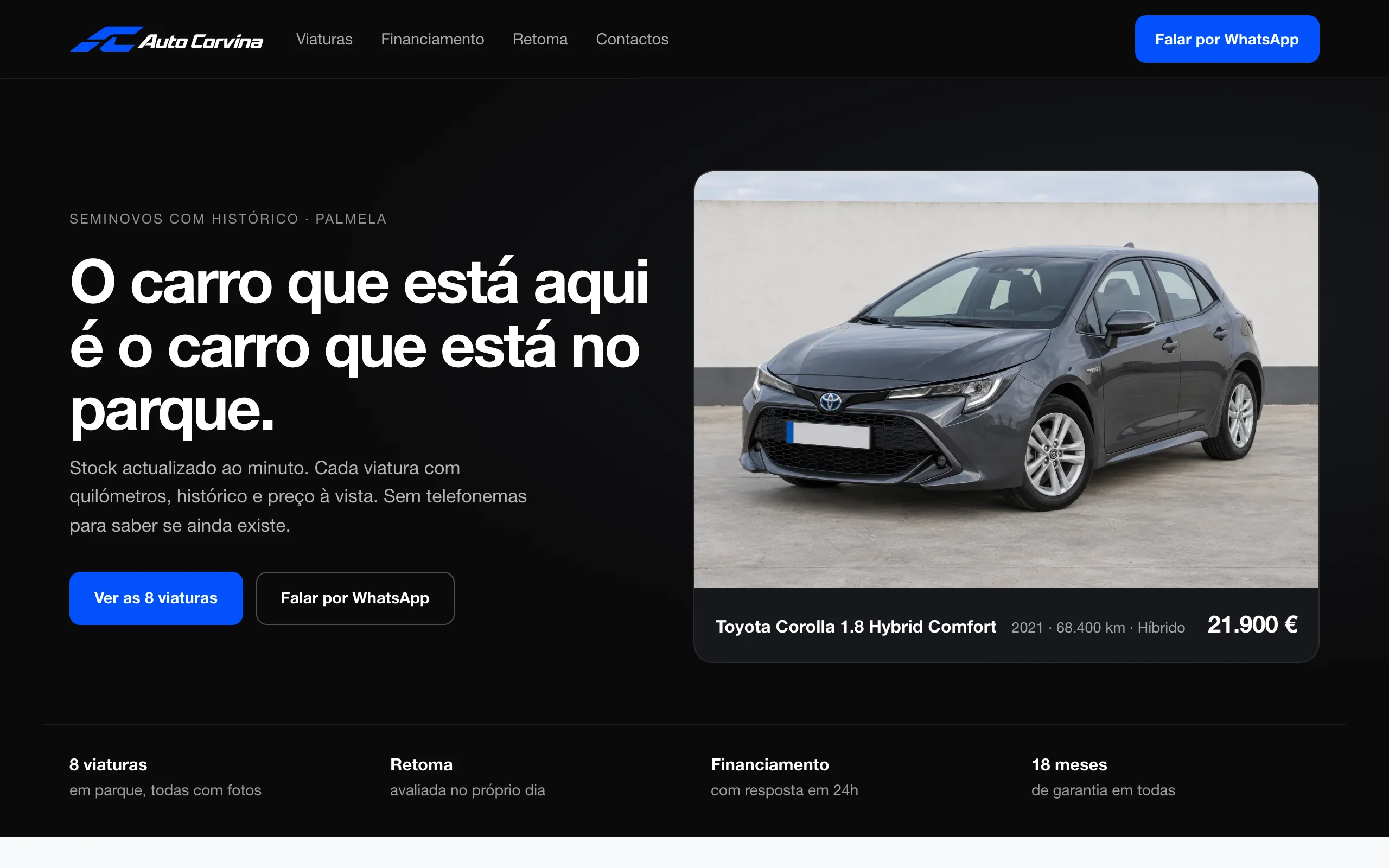 Captura da página de entrada do stand de demonstração Auto Corvina, com o título «o carro que está aqui é o carro que está no parque», dois botões e uma viatura em destaque.