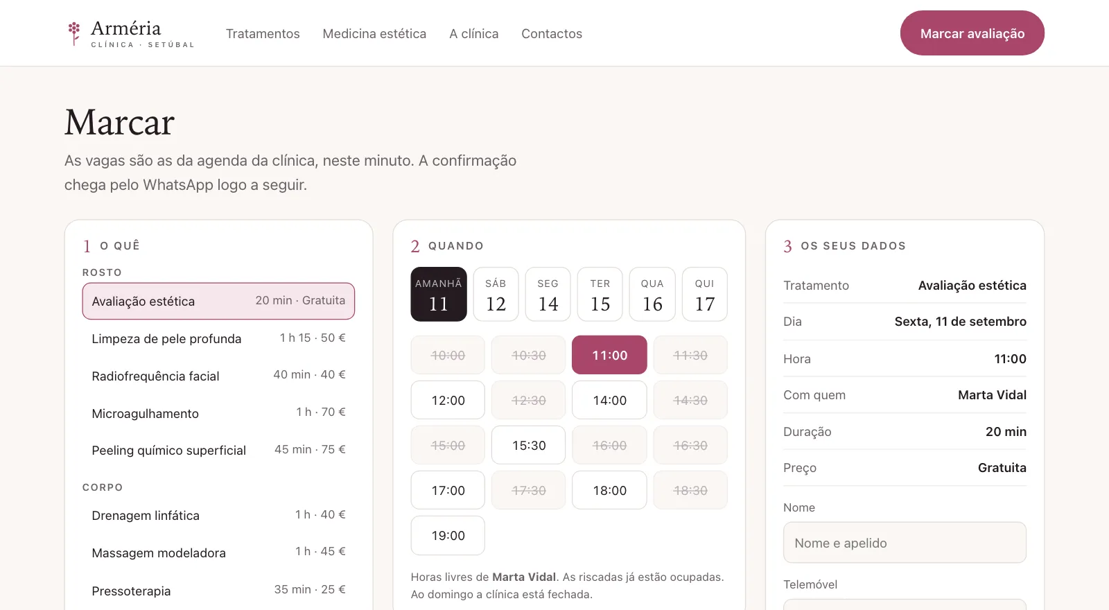 Página de marcação de uma clínica de estética com a lista de tratamentos, os dias e as horas livres, e o resumo da marcação